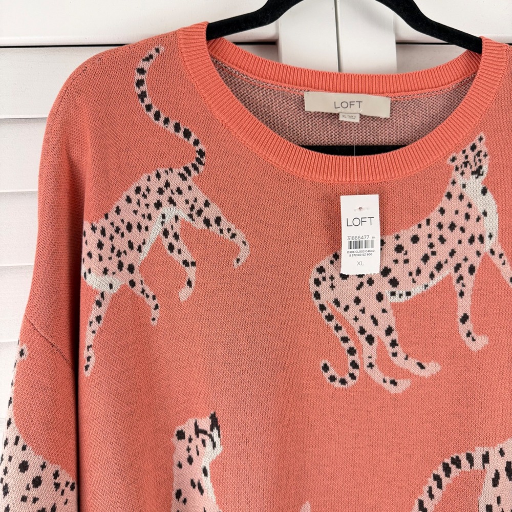 LOFT Women Coral Pink Cheetah Animal Print Crew Neck Sweater XL New NWT 31866477 - Picture 3 of 13